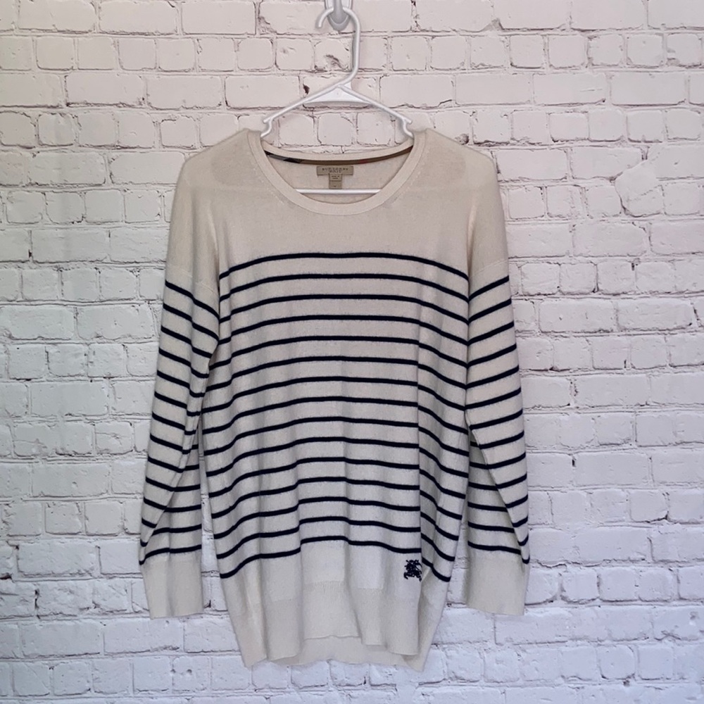 Burberry Brit medium cashmere wool cotton blend sweater blue stripe ribbed cuff